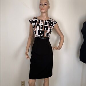 Connected Apparel Black and White Geometric Pencil Dress